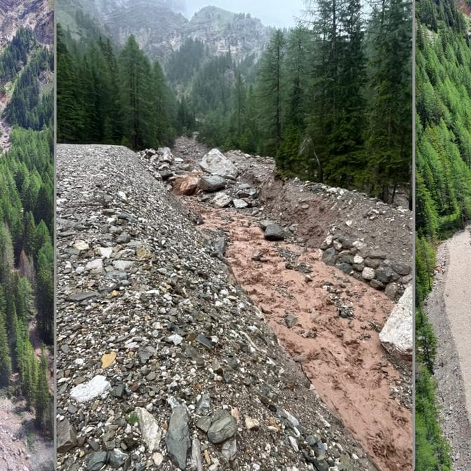 Violento temporale, grande masso e detriti sulla strada del rifugio Contrin